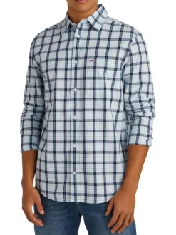 Chemise en coton régénératif ciel à carreaux et coupe droite avec col français