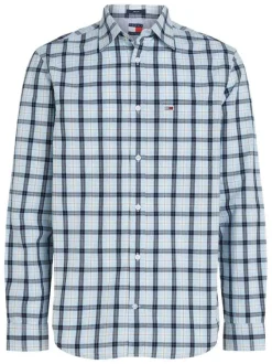 Chemise en coton régénératif ciel à carreaux et coupe droite avec col français