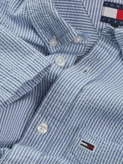 Chemise en coton régénératif ciel rayée droite, col américain à manches courtes