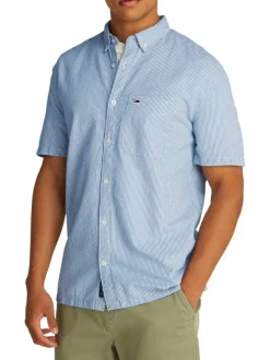 Chemise en coton régénératif ciel rayée droite, col américain à manches courtes