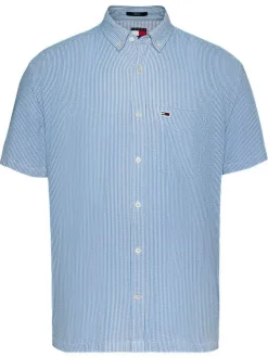 Chemise en coton régénératif ciel rayée droite, col américain à manches courtes