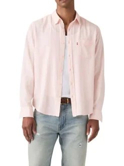 Chemise en coton rose à coupe droite pourvue d'un col à revers
