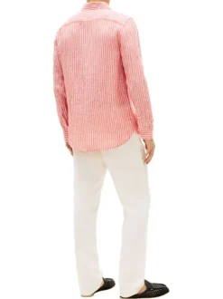 Chemise en coton rose saumon à coupe droite ornée d'un motif à rayures