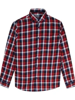 Chemise en coton rouge à carreaux avec une coupe droite et un col français