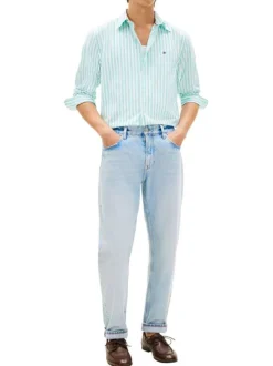 Chemise en coton turquoise à coupe droite ornée d'un motif à rayures
