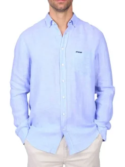 Chemise en lin bleu ciel unie avec une coupe droite et un col boutonné