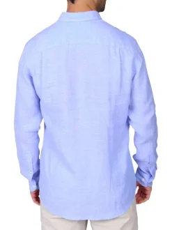 Chemise en lin bleu ciel unie avec une coupe droite et un col boutonné