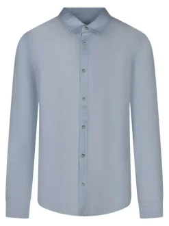 Chemise en lin bleu clair unie avec une coupe droite et un col français