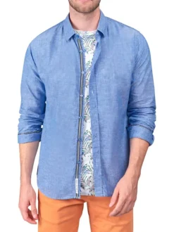 Chemise en lin bleue unie avec une coupe regular fit et des manches boutonnées