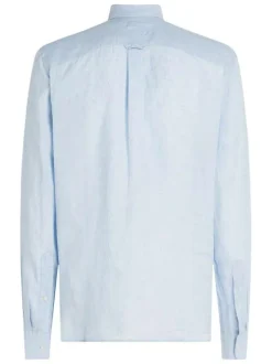 Chemise en lin ciel unie droite à col américain et manches longues
