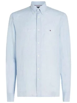 Chemise en lin ciel unie droite à col américain et manches longues