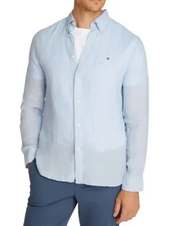 Chemise en lin ciel unie droite à col américain et manches longues
