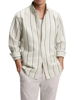 Chemise en lin et coton beige pourvue d'un motif à rayures verticales