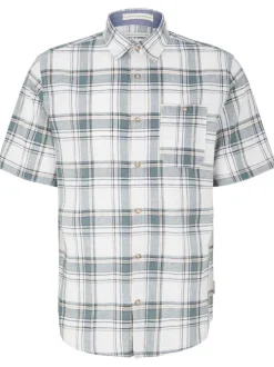 Chemise en lin et coton blanche carreaux coupe droite col italien