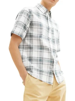 Chemise en lin et coton blanche carreaux coupe droite col italien