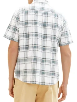 Chemise en lin et coton blanche carreaux coupe droite col italien