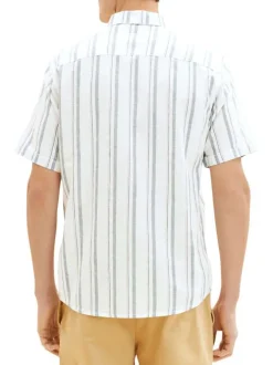Chemise en lin et coton blanche rayée à coupe droite et col italien