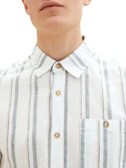 Chemise en lin et coton blanche rayée à coupe droite et col italien
