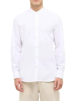 Chemise en lin et coton blanche unie avec un col mao et à coupe regular fit