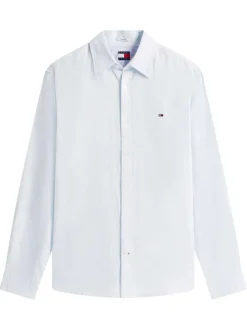 Chemise en lin et coton bleu clair unie avec une coupe droite et un col à revers