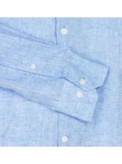 Chemise en lin et coton bleue chiné avec un col français et une coupe ajustée