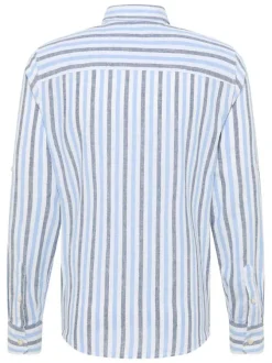 Chemise en lin et coton bleue à rayures avec une coupe slim et une poche