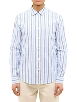 Chemise en lin et coton bleue à rayures avec une coupe slim et une poche