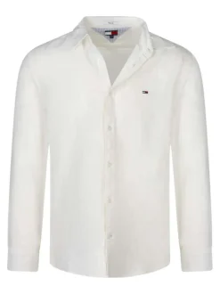 Chemise en lin et coton écrue unie pourvue du logo brodé sur la poitrine