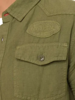 Chemise en lin et coton kaki uni à coupe droite avec col à revers