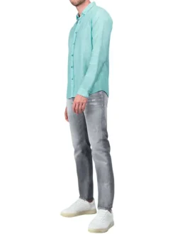 Chemise en lin et coton turquoise unie à coupe regular fit et un col français