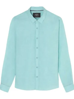 Chemise en lin et coton turquoise unie à coupe regular fit et un col français