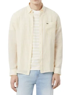 Chemise en lin jaune à coupe droite ornée d'un motif à rayures