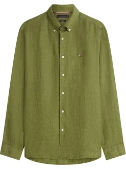 Chemise en lin kaki à coupe droite pourvue d'un col boutonné