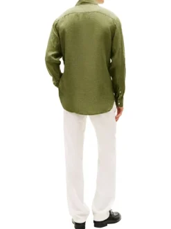 Chemise en lin kaki à coupe droite pourvue d'un col boutonné
