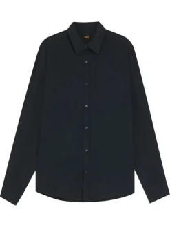 Chemise en lin marine à coupe droite pourvue d'un col à revers