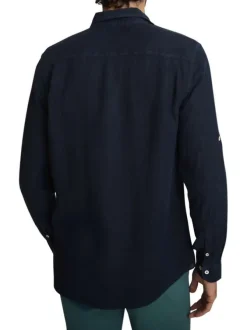 Chemise en lin marine à coupe droite pourvue d'un col à revers