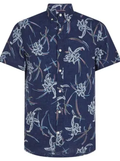 Chemise en lin marine fleurie avec une coupe slim et un col anglais
