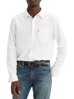 Chemise en lin mélangé blanche unie à coupe regular fit avec une poche