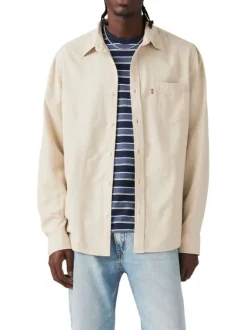 Chemise en lin mélangé écrue unie à coupe regular fit avec une poche