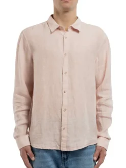 Chemise en lin rose à coupe droite pourvue d'un col à revers