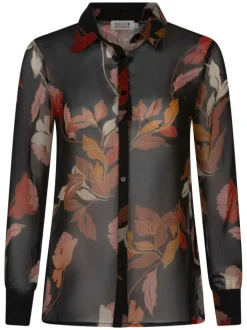 Chemise en voile noire imprimée feuille à coupe droite et col italien
