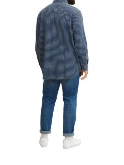 Chemise Grande Taille pur coton bleu marine à carreaux, regular fit à patte de boutonnage