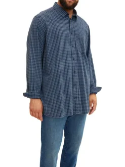 Chemise Grande Taille pur coton bleu marine à carreaux, regular fit à patte de boutonnage