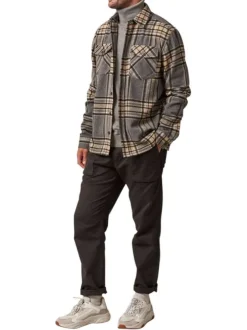 Chemise grise à carreaux droite à col français et à manches longues
