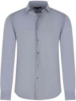 Chemise grise unie avec une coupe ajustée un col italien et des manches longues