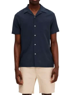 Chemise hawaïenne bleue marine unie à coupe droite avec un col ouvert à revers