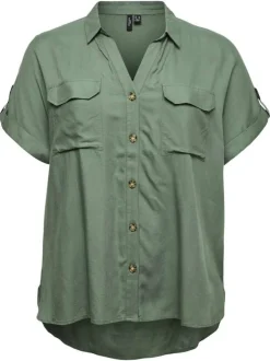 Chemise kaki à coupe droite pourvue d'un col v à revers et de manches courtes