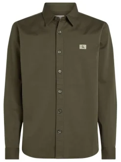 Chemise kaki unie avec une coupe droite à col français et des manches longues