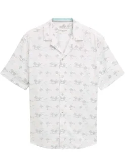 Chemise manches courtes blanche avec motif palmiers à coupe droite et col cubain