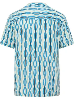 Chemise manches courtes bleue à motifs géométriques et à col cubain